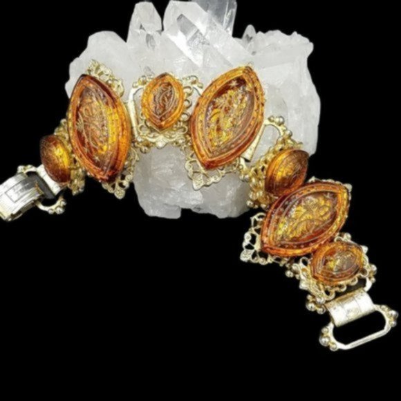 Magnificent Vintage Topaz Molded Glass Book Chain Bracelet - Picture 1 of 6